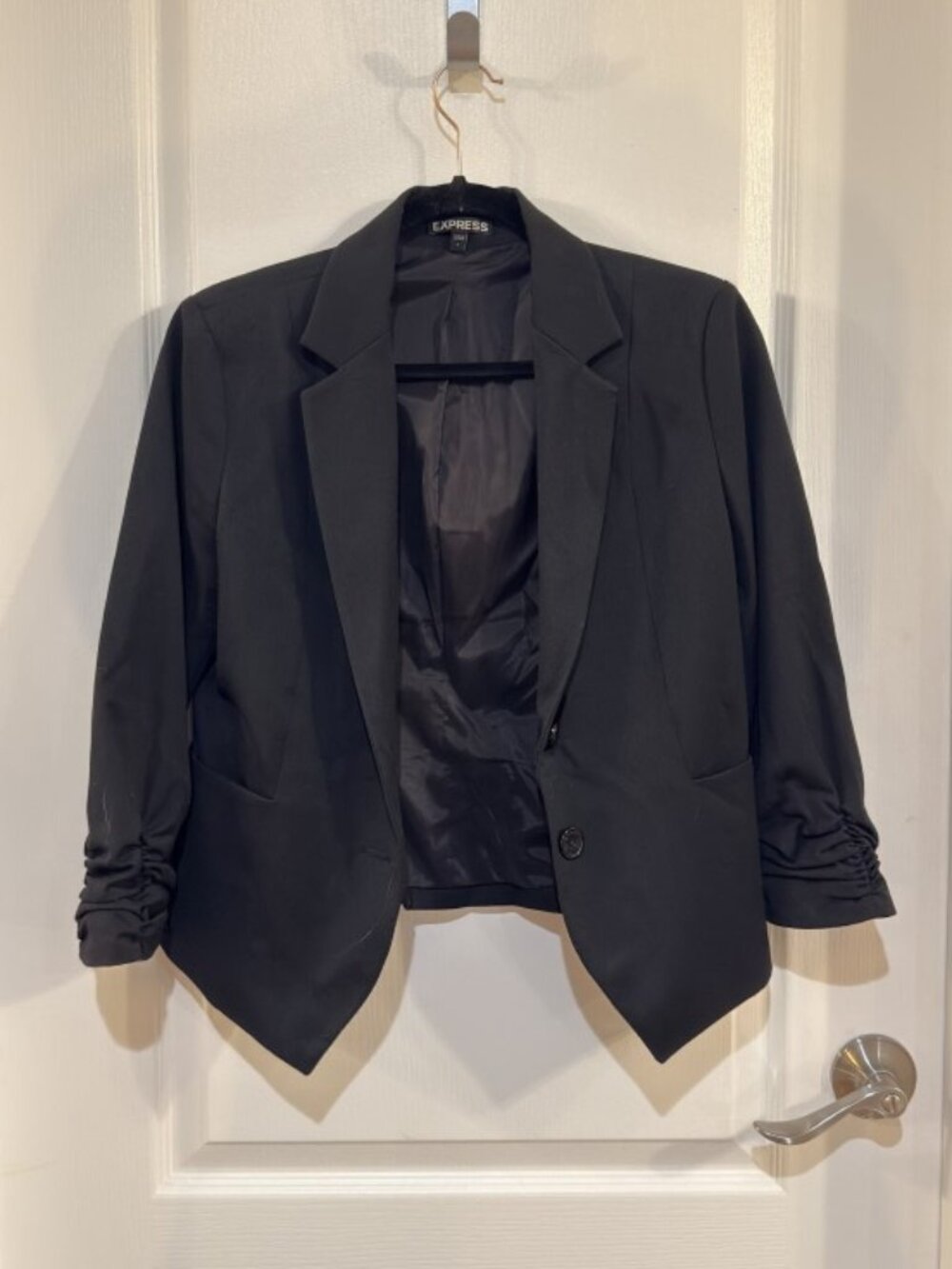 Express Black Fitted Blazer Size 6 Ruched 3/4 Sleeve Tailored Jacket